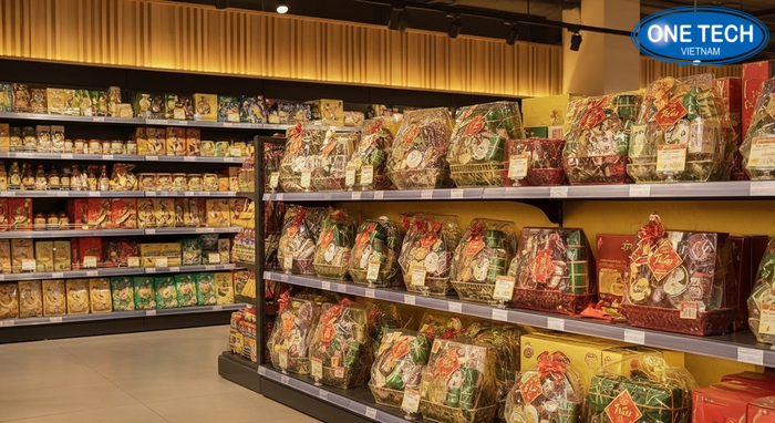 Tăng hiệu quả trưng bày giỏ quà Tết bằng ánh sáng Ánh sáng vàng và biển giá rõ ràng giúp tăng trải nghiệm mua giỏ quà Tết