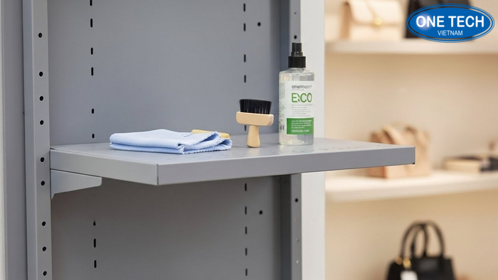 Bộ dụng cụ vệ sinh tối thiểu cho kệ trưng bày túi xách gồm khăn, chổi mềm, dung dịch lau
