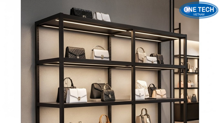 Bộ kệ trưng bày túi xách có LED với ảnh ban ngày và ban đêm