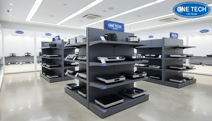 Bố trí kệ trưng bày bếp từ theo mô hình kinh doanh Mô hình bố trí kệ trưng bày bếp từ trong showroom thiết bị bếp chuyên nghiệp