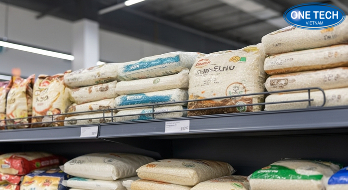 Bao gạo xếp đúng chuẩn trên kệ siêu thị đựng gạo có rào chắn và chặn hàng