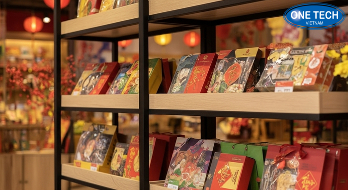 Chất liệu kệ trưng bày giỏ quà Tết Chi tiết sơn tĩnh điện và mặt kệ gỗ dùng cho trưng bày giỏ quà