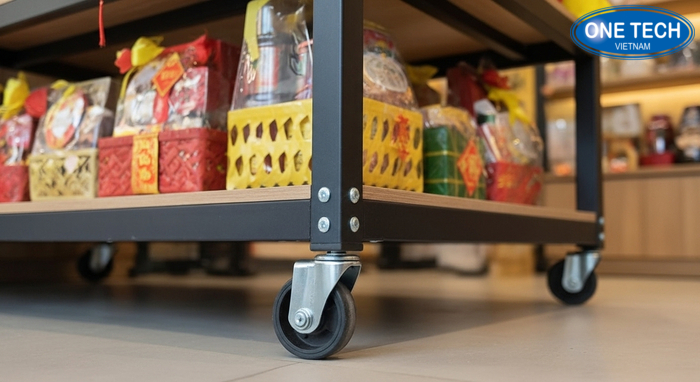 Bộ phận quan trọng của kệ trưng bày giỏ quà Tết Chi tiết bánh xe, chân trụ và liên kết giúp kệ chắc và dễ di chuyển