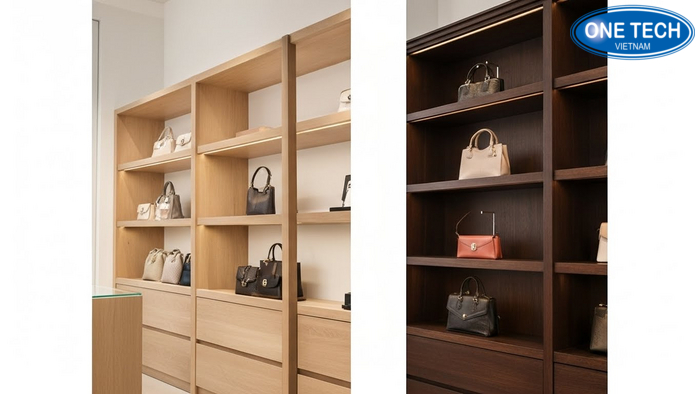 Hai concept phối gỗ sáng và gỗ tối khi trưng bày túi xách