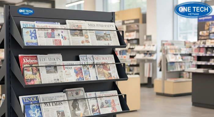 Giá kệ để báo dạng mặt nghiêng, dễ nhìn tiêu đề