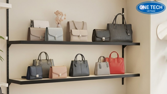 Góc tường dùng kệ treo tường trưng bày túi xách cho shop nhỏ