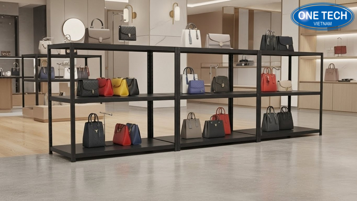 Infographic quy trình 4 bước tư vấn, báo giá và lắp đặt kệ trưng bày túi xách