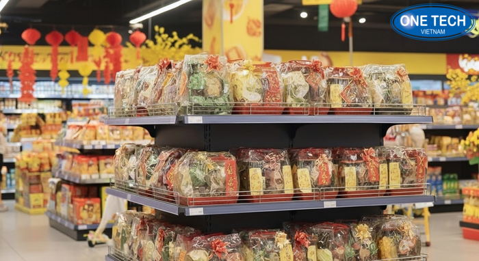 Kệ trưng bày giỏ quà Tết 2 tầng Kệ trưng bày giỏ quà Tết 2 tầng thoáng và dễ lấy