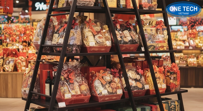 Kệ bậc thang bánh xe trưng bày giỏ quà Tết Kệ bậc thang bánh xe trưng bày giỏ quà Tết dễ di chuyển