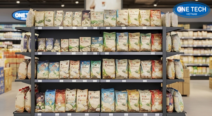 Kệ bậc thang trưng bày gạo ở mặt tiền giúp khách nhìn thấy nhiều lựa chọn