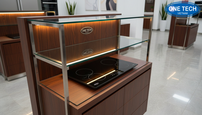 Kệ trưng bày bếp từ cao cấp có LED Mẫu kệ trưng bày bếp từ sang trọng vật liệu gỗ kính có đèn LED