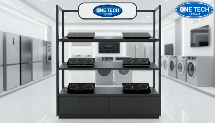 Kệ trưng bày bếp từ tích hợp ngăn kéo và bảng quảng cáo Kệ trưng bày bếp từ có ngăn kéo và khu vực tích hợp bảng quảng cáo, bảng thông tin sản phẩm