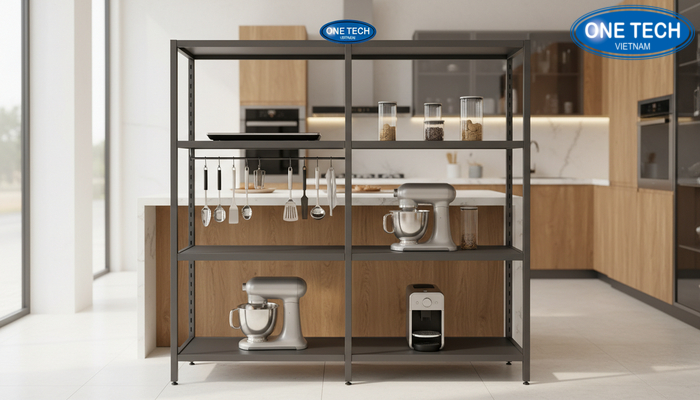 Thiết kế kệ trưng bày thiết bị nhà bếp đa năng Kệ đa năng kết hợp trưng bày bếp từ và phụ kiện thiết bị nhà bếp