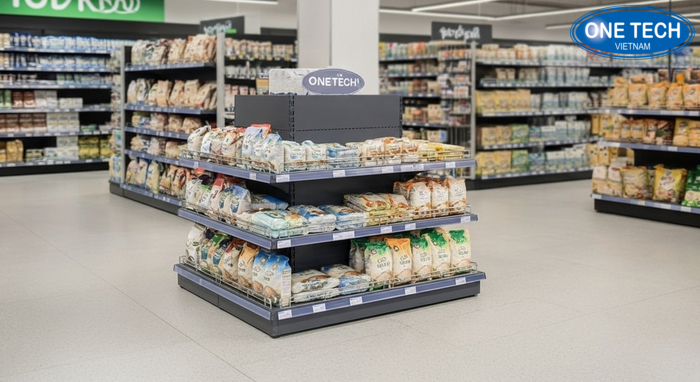 Kệ đảo vuông trung tâm có rào chắn giúp trưng bày gạo khuyến mãi an toàn