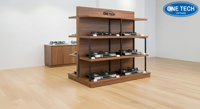 Kệ gỗ công nghiệp trưng bày bếp gas Kệ gỗ công nghiệp trưng bày bếp gas cho không gian sang trọng