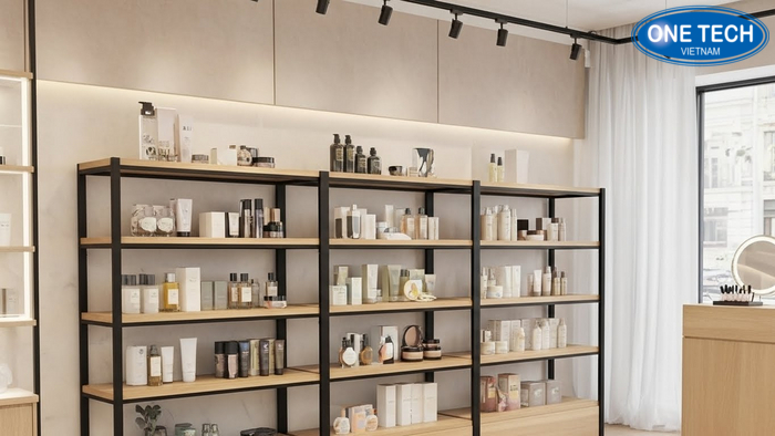 Mẫu kệ gỗ khung sắt trưng bày mỹ phẩm với thiết kế sang trọng