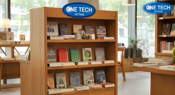 Kệ gỗ tự nhiên trưng bày sách báo, vân gỗ nổi bật