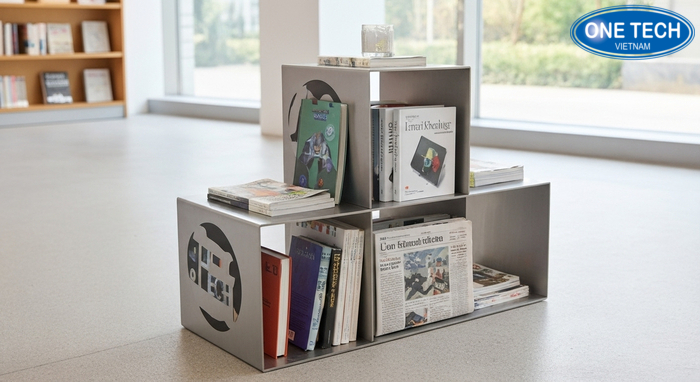 Kệ inox hiện đại trưng bày sách báo tạp chí, kiểu dáng gọn