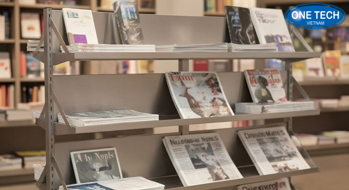 Kệ inox trưng bày tạp chí báo, bề mặt dễ vệ sinh