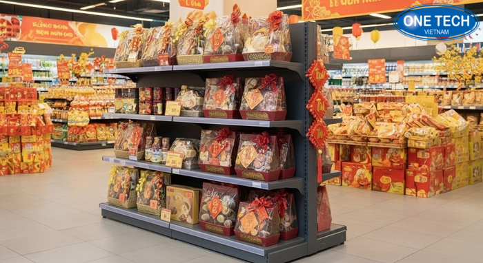 Kệ trưng bày giỏ quà Tết OneTech tại Lâm Đồng Kệ OneTech trưng bày giỏ quà Tết tại siêu thị ở Lâm Đồng