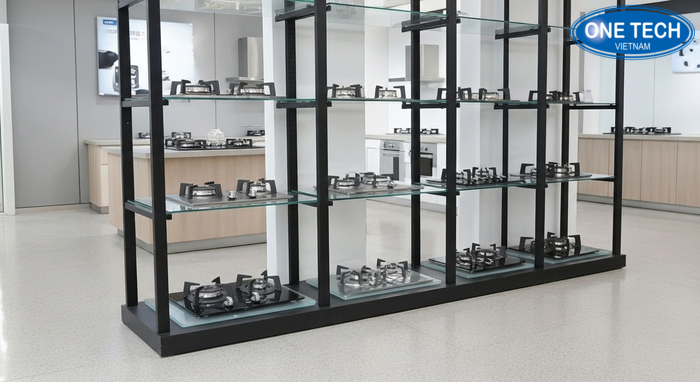 Kệ kính cường lực trưng bày bếp gas Kệ phối kính cường lực trưng bày bếp gas hiện đại