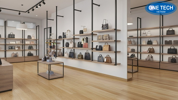 Minh họa kệ sắt áp tường kết hợp kệ giữa nhà tạo lối đi trong shop túi xách