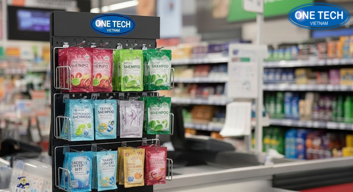 Kệ treo gói dầu gội mini đặt gần quầy thu ngân