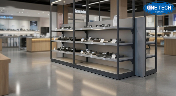 Không gian siêu thị bếp gas với kệ trưng bày chuyên nghiệp Không gian siêu thị bếp gas bố trí kệ trưng bày khoa học