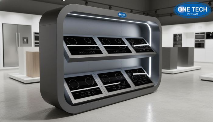 Kệ trưng bày bếp từ tủ đứng hiện đại có đèn LED Kệ trưng bày bếp từ dạng tủ đứng hiện đại có đèn LED trong showroom