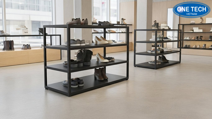 Mẫu kệ trưng bày giày dép thiết kế hiện đại tạo không gian sang trọng cho cửa hàng