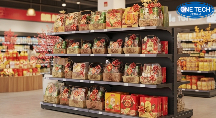 Kệ trưng bày giỏ quà siêu thị chịu tải Kệ trưng bày giỏ quà siêu thị khung thép chắc chắn