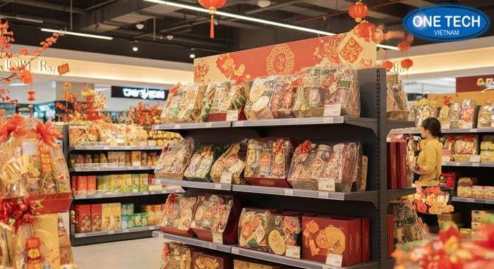 Kệ trưng bày giỏ quà Tết có decor Kệ trưng bày giỏ quà Tết có bảng trang trí họa tiết truyền thống