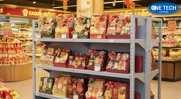 Kệ V cài trưng bày giỏ quà Tết Kệ V cài chịu tải trưng bày quà biếu và giỏ quà Tết