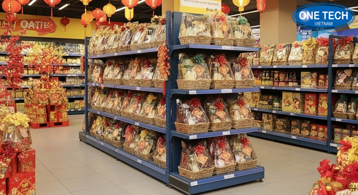 Kệ V lỗ trưng bày giỏ quà Tết Kệ V lỗ trưng bày giỏ quà Tết linh hoạt tăng giảm tầng