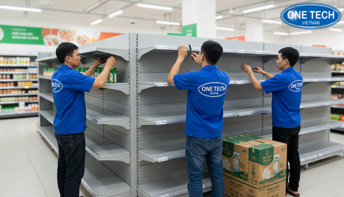 Dịch vụ lắp đặt kệ siêu thị chuyên nghiệp tại Lâm Đồng Kỹ thuật viên đang lắp đặt hệ thống kệ trưng bày tại siêu thị