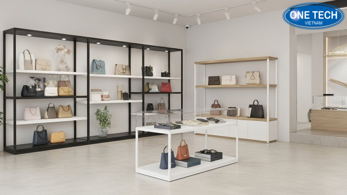 Sơ đồ layout shop nhỏ 15-25m2 bố trí kệ trưng bày túi xách