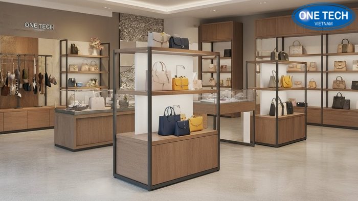 Sơ đồ layout shop vừa 30-60m2 bố trí kệ trưng bày túi xách