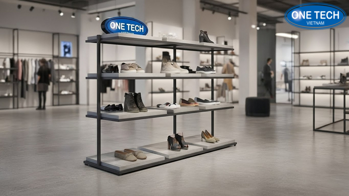 Kệ island trưng bày giày dép giữa nhà tạo điểm nhấn cho bộ sưu tập mới