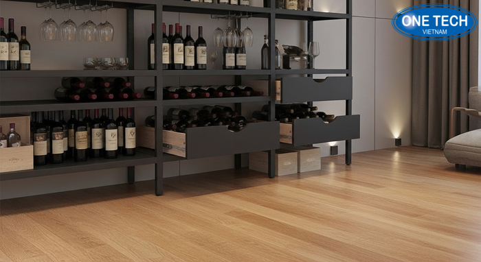 Kệ rượu tích hợp ngăn kéo và giá treo ly tiện dụng