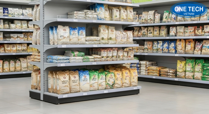 Minh họa vị trí đặt kệ trưng bày gạo cách tường và sàn để tránh ẩm