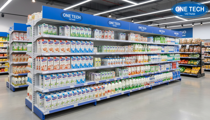 Phân loại kệ trưng bày sữa giúp tối ưu không gian cửa hàng Kệ trưng bày sữa được sắp xếp gọn gàng và khoa học tại cửa hàng