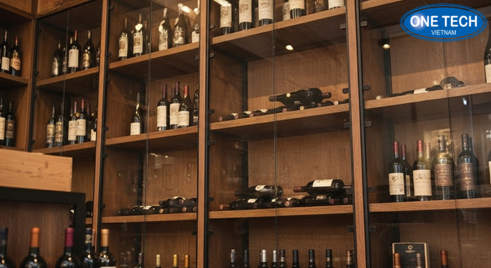 Thiết kế kệ rượu phối gỗ kính kim loại tạo điểm nhấn