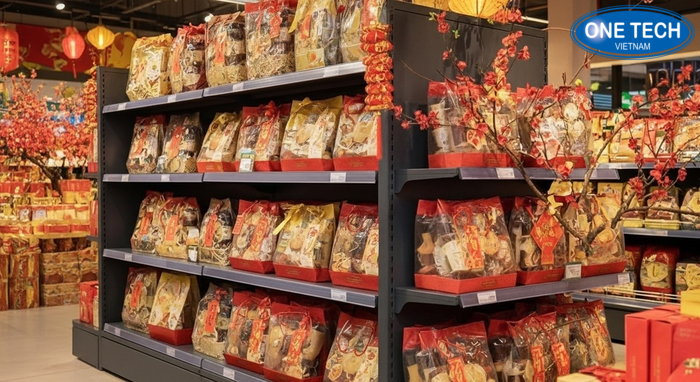 Phối màu kệ trưng bày giỏ quà Tết Phối màu kệ trưng bày và trang trí khu quà Tết hài hòa