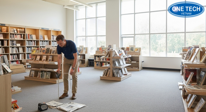 Minh họa đo đạc mặt bằng và xác định vị trí đặt kệ sách báo