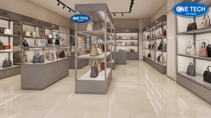 Minh họa khoảng cách lối đi tiêu chuẩn trong shop túi xách