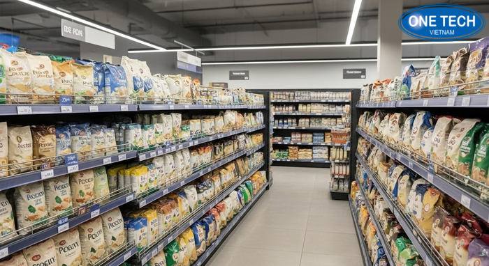 Sơ đồ bố trí kệ trưng bày gạo trong mặt bằng nhỏ với lối đi hợp lý