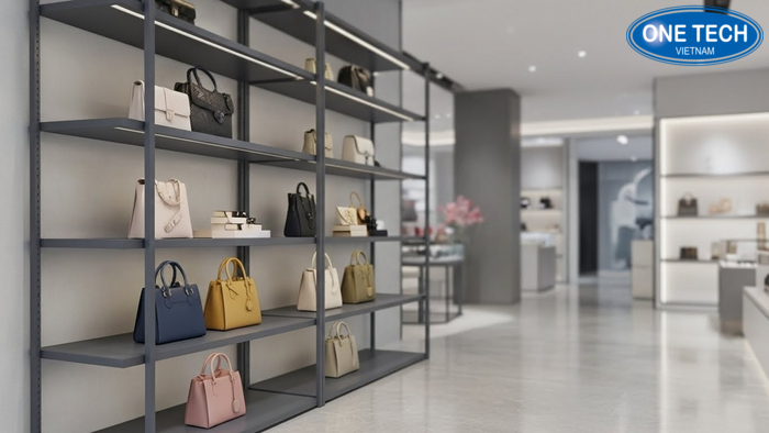 Sơ đồ luồng di chuyển khách quanh kệ trưng bày túi xách trong cửa hàng