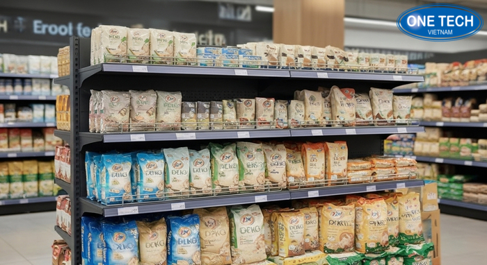 Sơ đồ phân tầng trưng bày gạo: tầng thấp cho bao 10 đến 25kg tầng giữa cho 5 đến 10kg