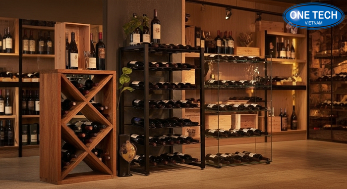 So sánh chất liệu kệ rượu: gỗ tự nhiên, kim loại, kính