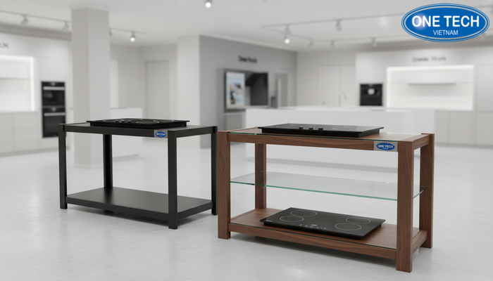 Chất liệu kệ trưng bày bếp từ phổ biến So sánh chất liệu kệ trưng bày bếp từ: thép sơn tĩnh điện, inox, gỗ kết hợp kính cường lực